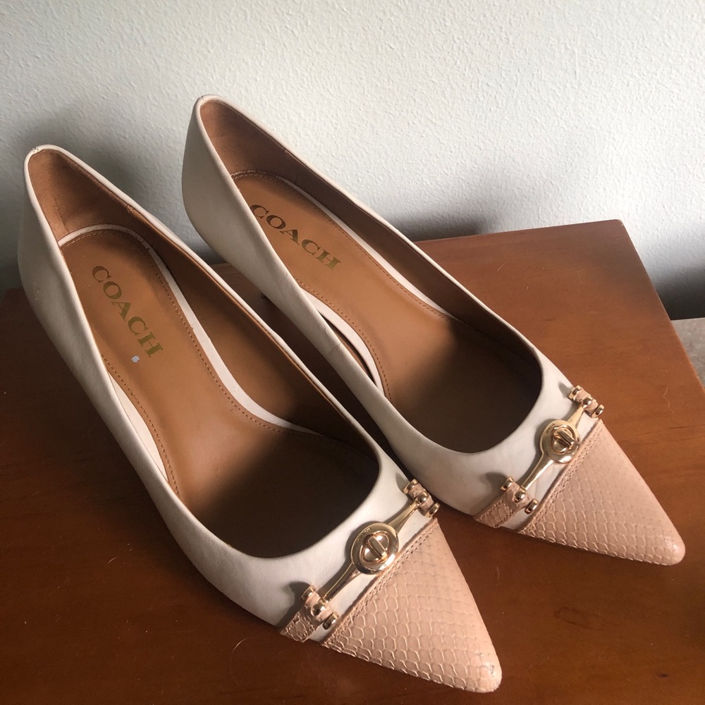 Coach Lauri Mat Calf Leather Snake Textured Kitten Heels Pumps Cream Ta Gold 9.5